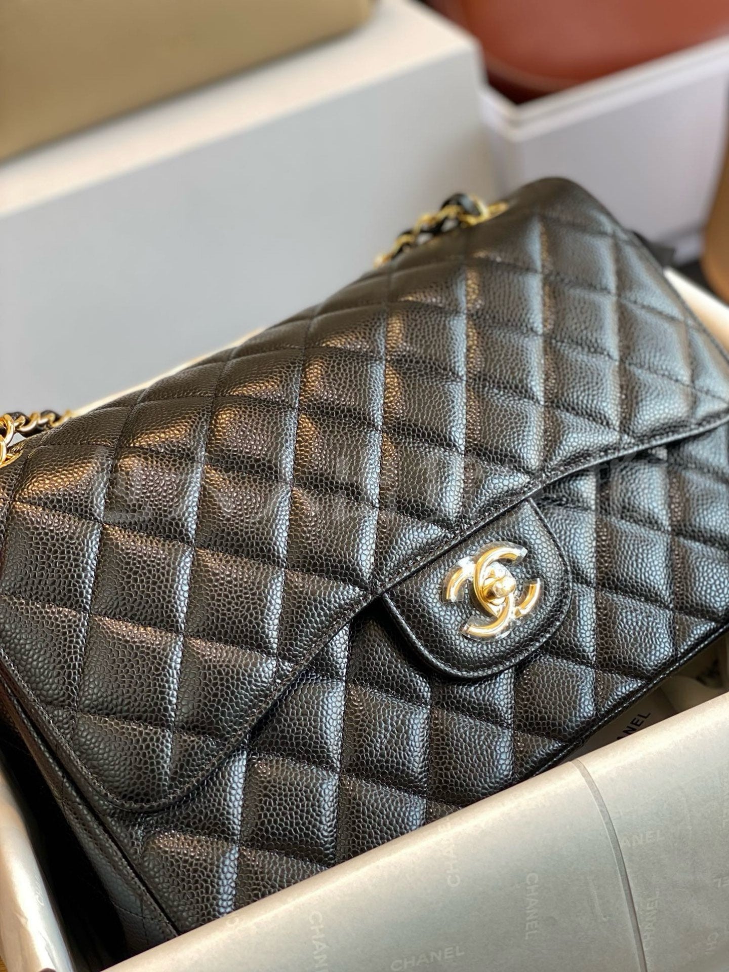 CHANEL REV Jumbo Classic Caviar Double Flap Black Bag Gold CC HWR MICROCHIP