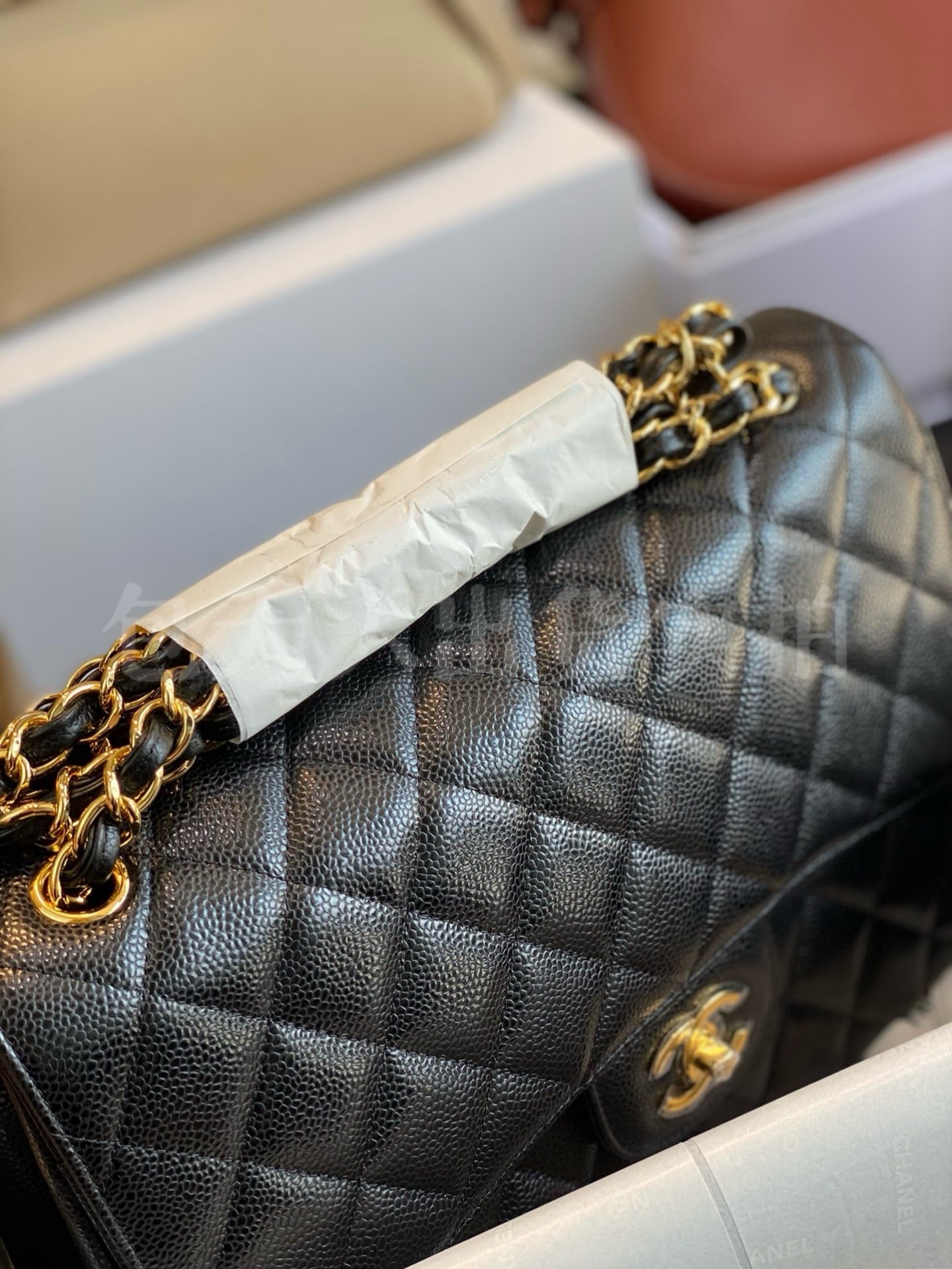 CHANEL REV Jumbo Classic Caviar Double Flap Black Bag Gold CC HWR MICROCHIP