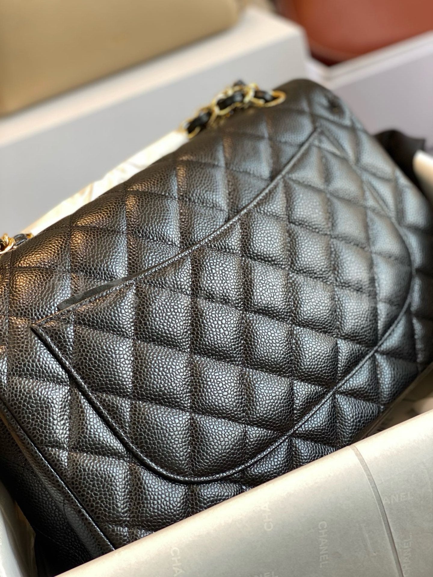 CHANEL REV Jumbo Classic Caviar Double Flap Black Bag Gold CC HWR MICROCHIP