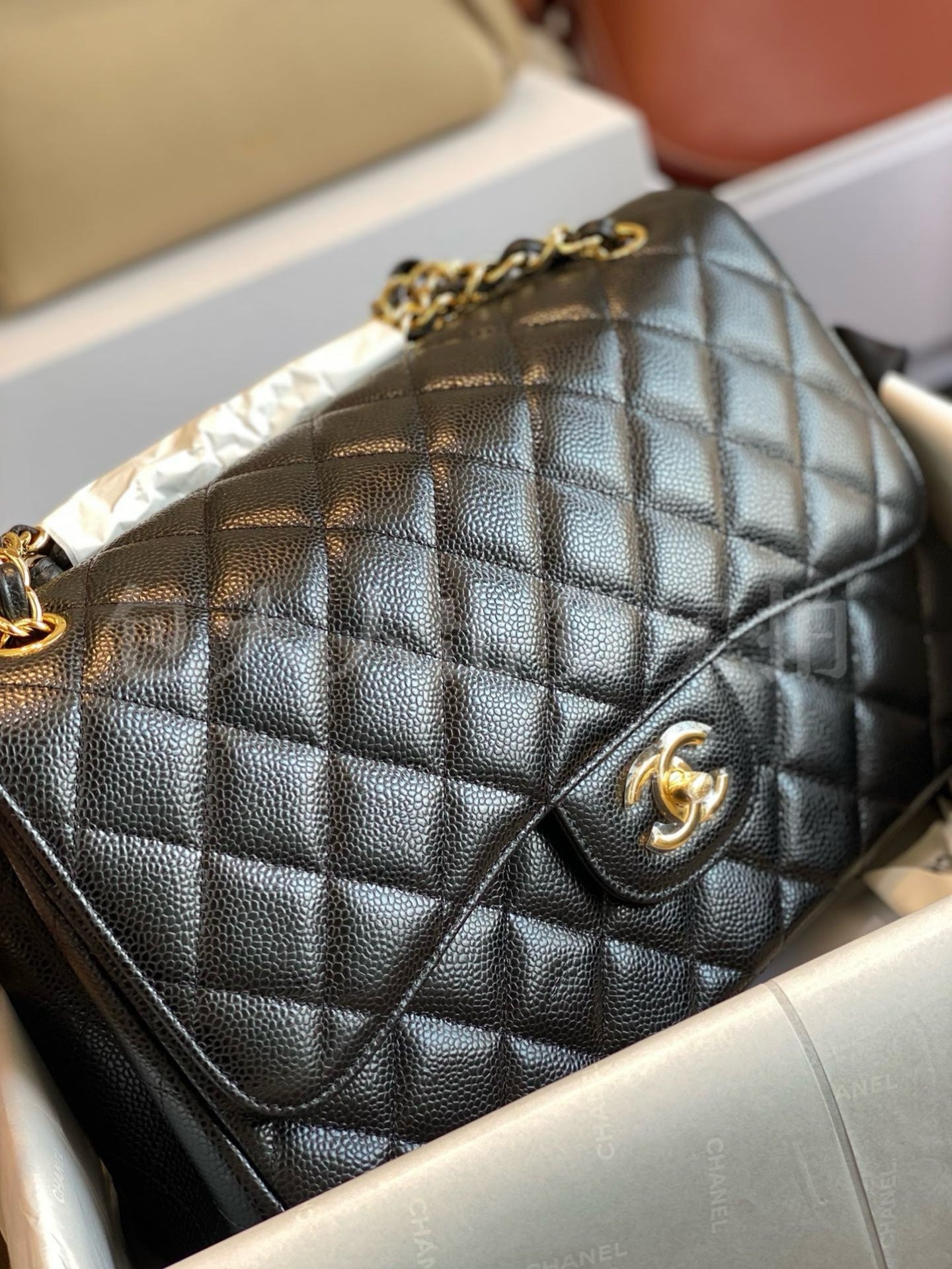 CHANEL REV Jumbo Classic Caviar Double Flap Black Bag Gold CC HWR MICROCHIP