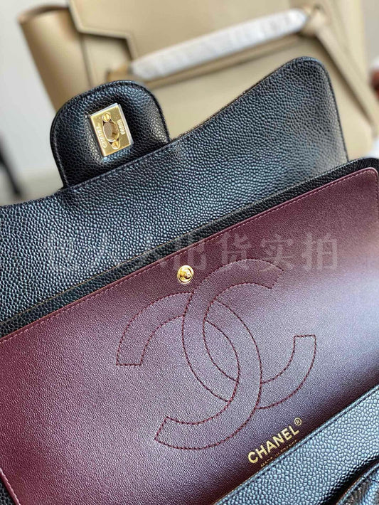 CHANEL REV Jumbo Classic Caviar Double Flap Black Bag Gold CC HWR MICROCHIP